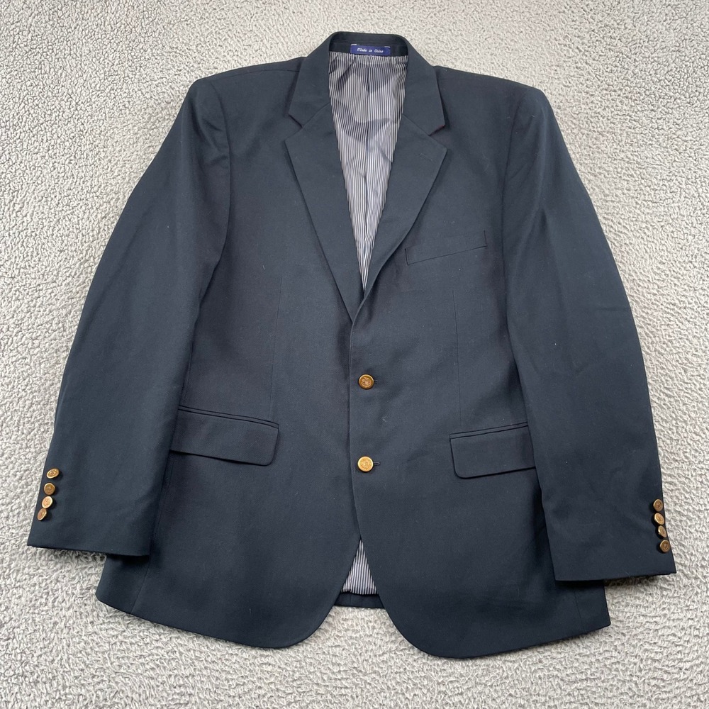 Alan Flusser Blazer Mens 44R Navy Blue Sport Coat Gold Crest Buttons Lined